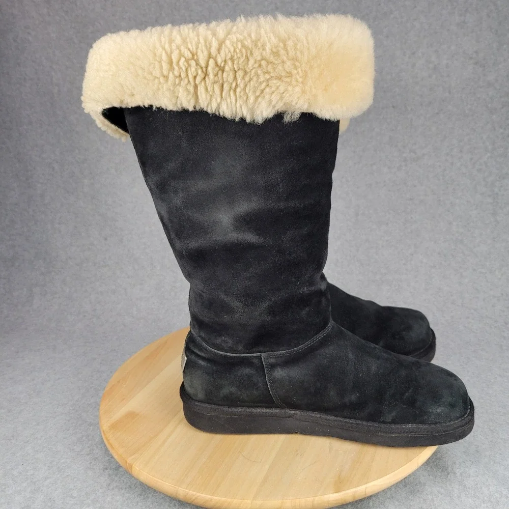 Ugg Upside 5163 Tall Lace Up Boot Women 9 Black Suede Shearling Lining